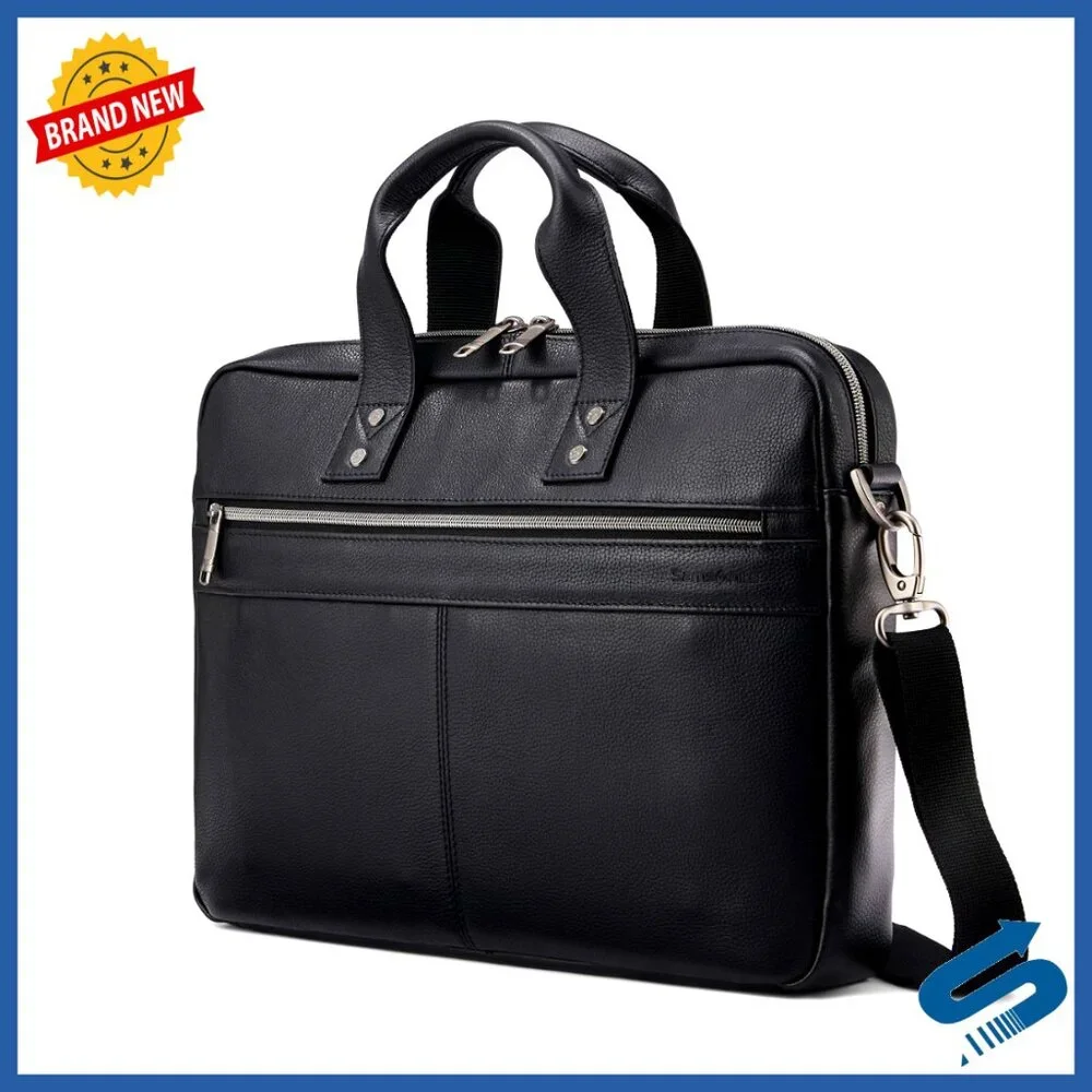 Leather Slim Briefcase with Padded Laptop Compartment and Detachable Strap
